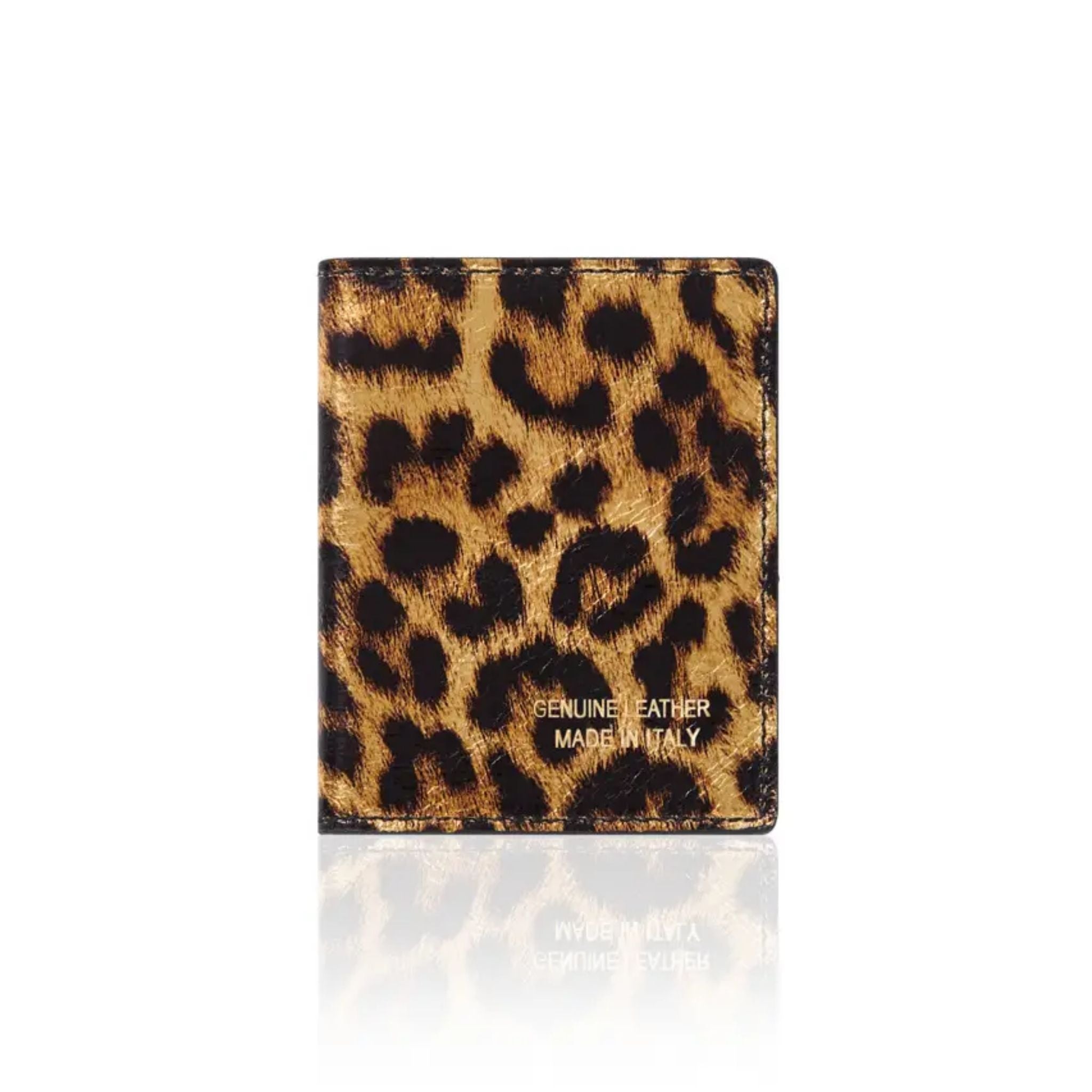 Porte-cartes pliantes en cuir véritable fait main en Italie Léopard doré