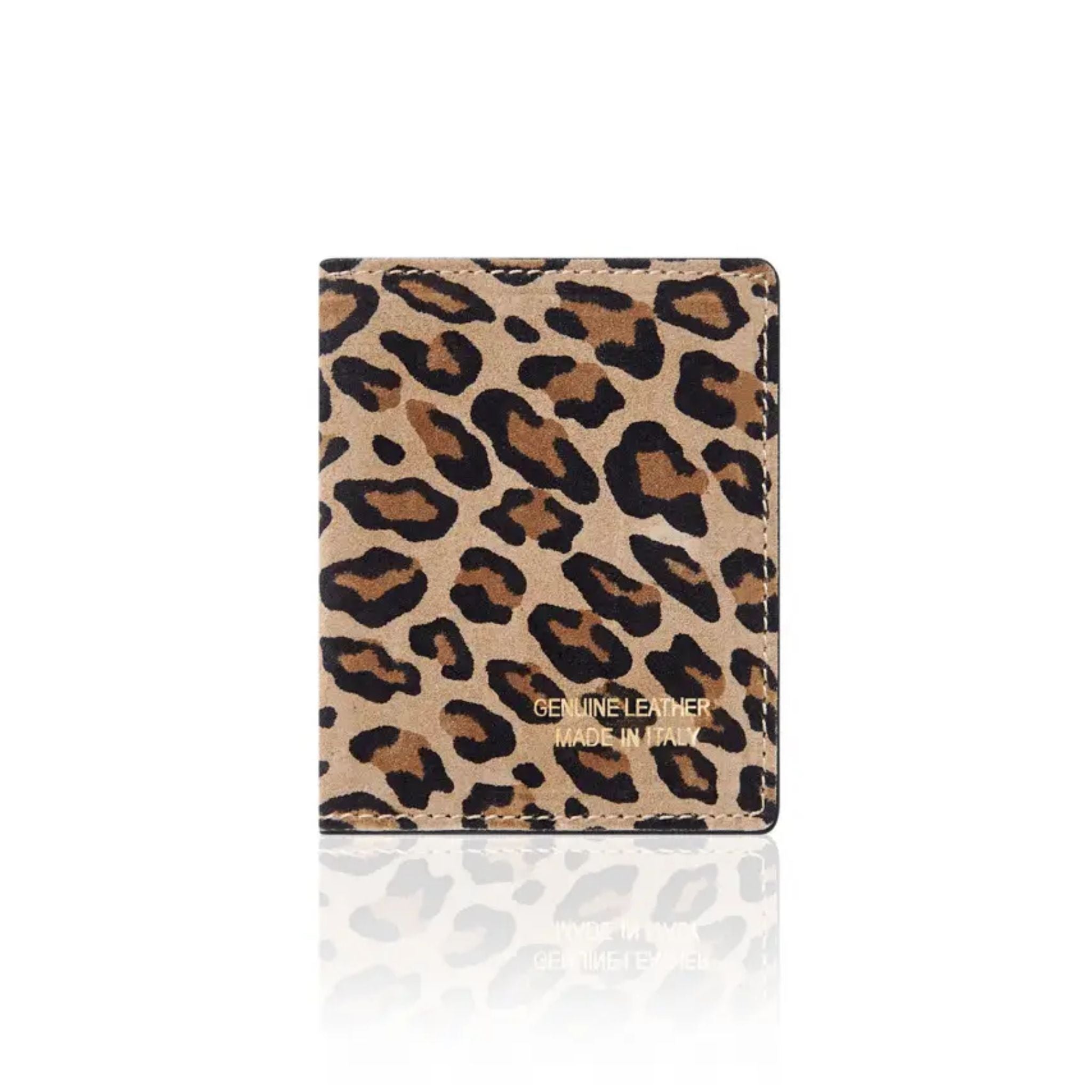 Porte-cartes pliantes en cuir véritable fait main en Italie Taupe Léopard Clair Matt