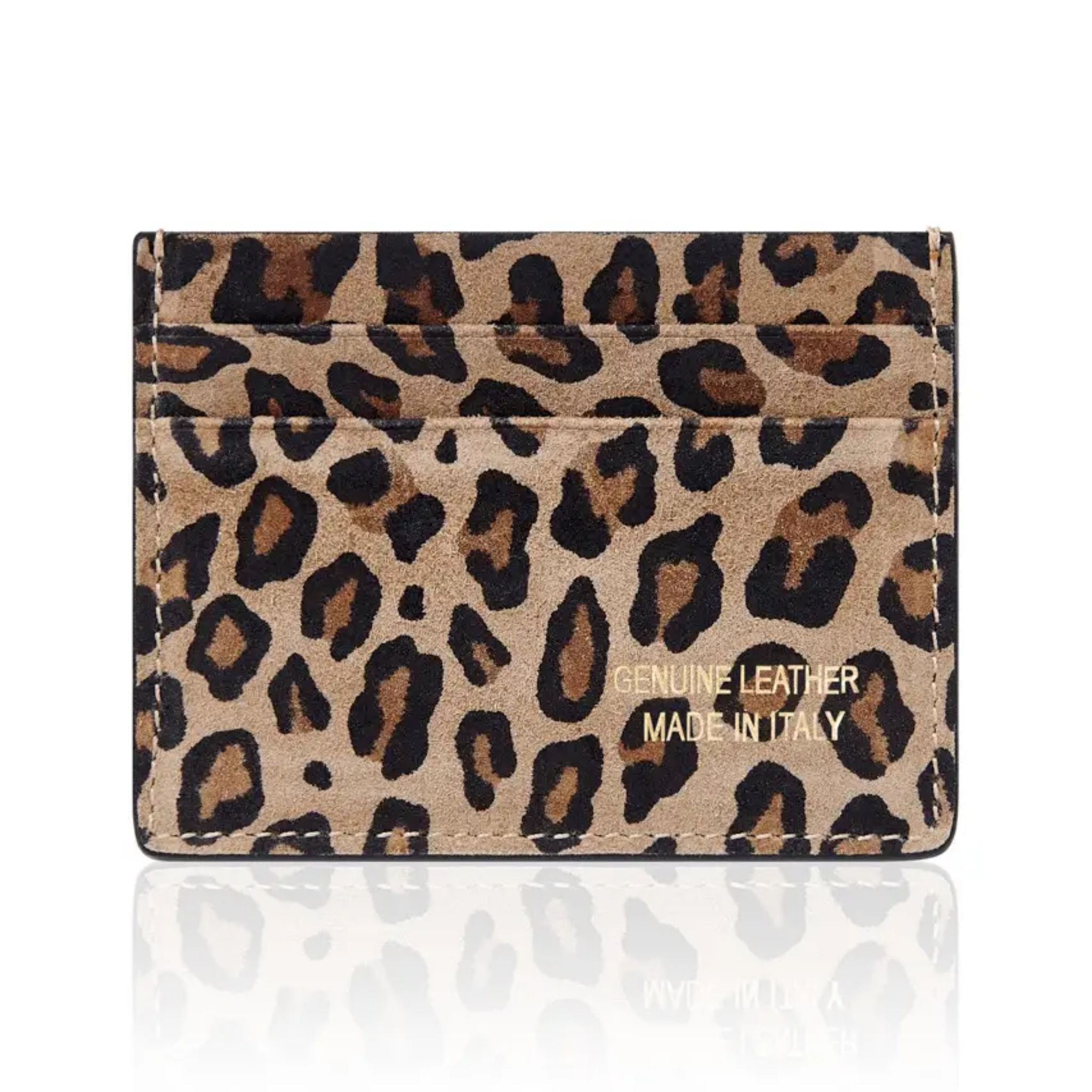 Porte-cartes réversible en cuir véritable italien fait main Taupe Léopard Clair Matt
